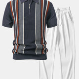 Stripe Knit Zip Up Polo Shirt & Straight Leg Ribbed Pants Set