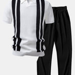 Stripe Johnny Collar Knit Polo & Straight Leg Ribbed Pants Set