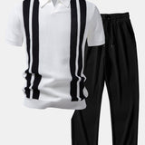 Stripe Johnny Collar Knit Polo & Straight Leg Ribbed Pants Set