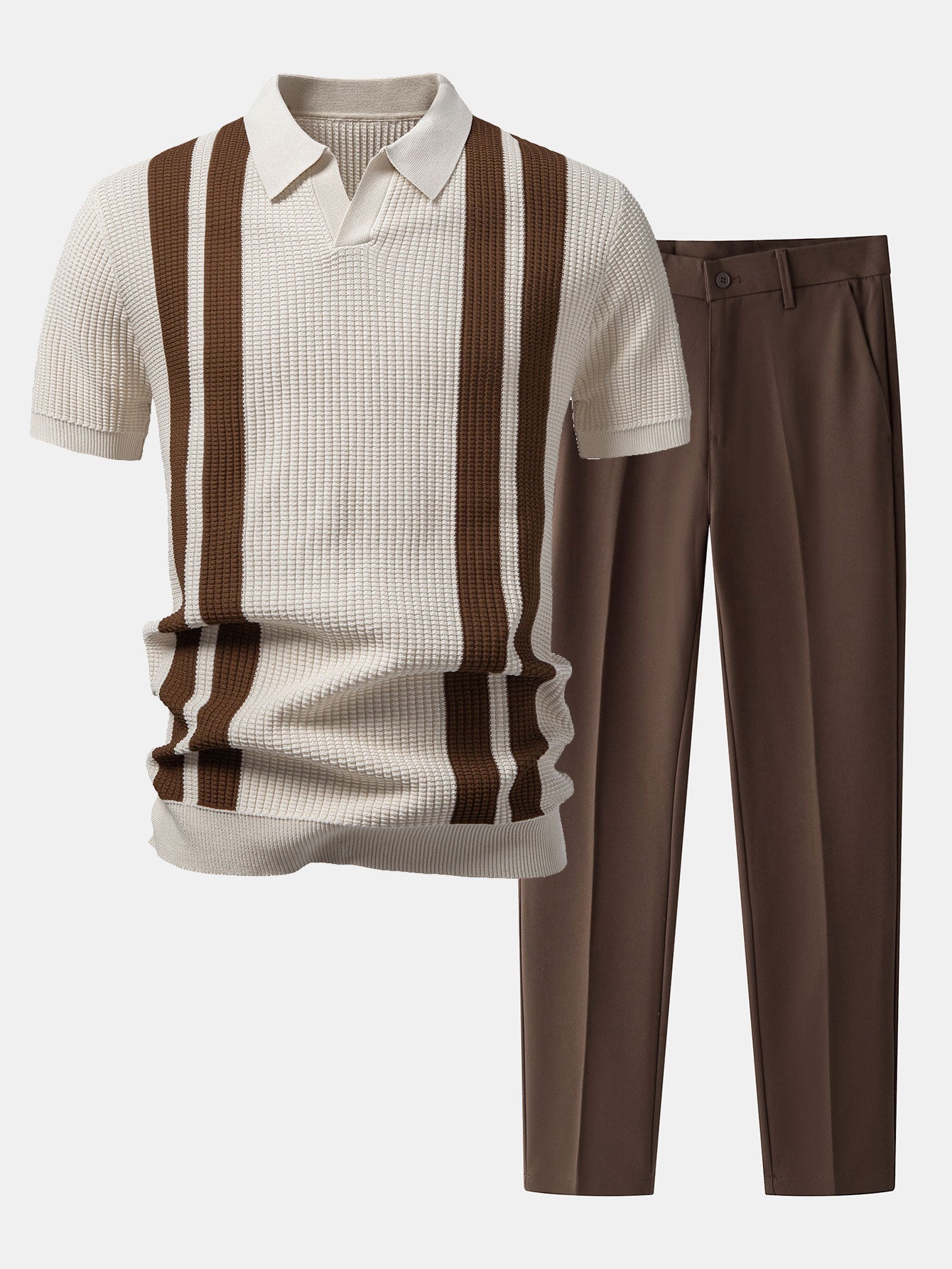 Stripe Johnny Collar Knit Polo & Slim Fit Tapered Trousers Set