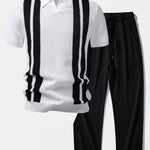 Stripe Johnny Collar Knit Polo & Drawstring Knitted Waffle Pants Set