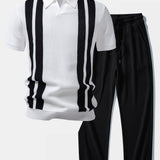 Stripe Johnny Collar Knit Polo & Drawstring Knitted Waffle Pants Set