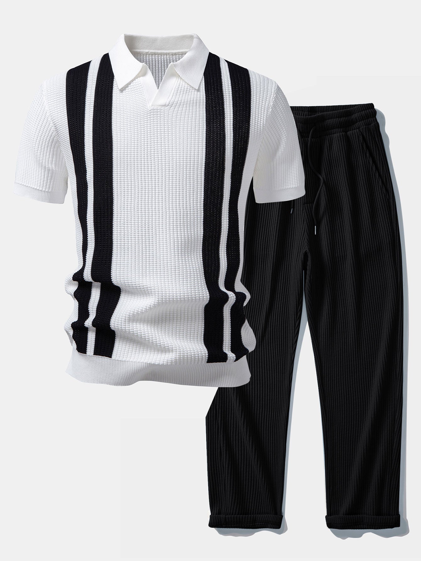 Stripe Johnny Collar Knit Polo & Drawstring Knitted Waffle Pants Set