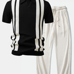 Stripe Johnny Collar Knit Polo & Drawstring Knitted Waffle Pants Set