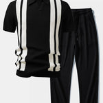Stripe Johnny Collar Knit Polo & Drawstring Knitted Waffle Pants Set