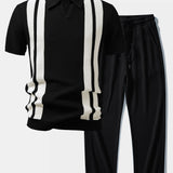 Stripe Johnny Collar Knit Polo & Drawstring Knitted Waffle Pants Set