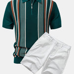 Stripe Knit Zip Up Polo Shirt & Cotton Chino Shorts Set