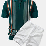 Stripe Knit Zip Up Polo Shirt & Cotton Chino Shorts Set