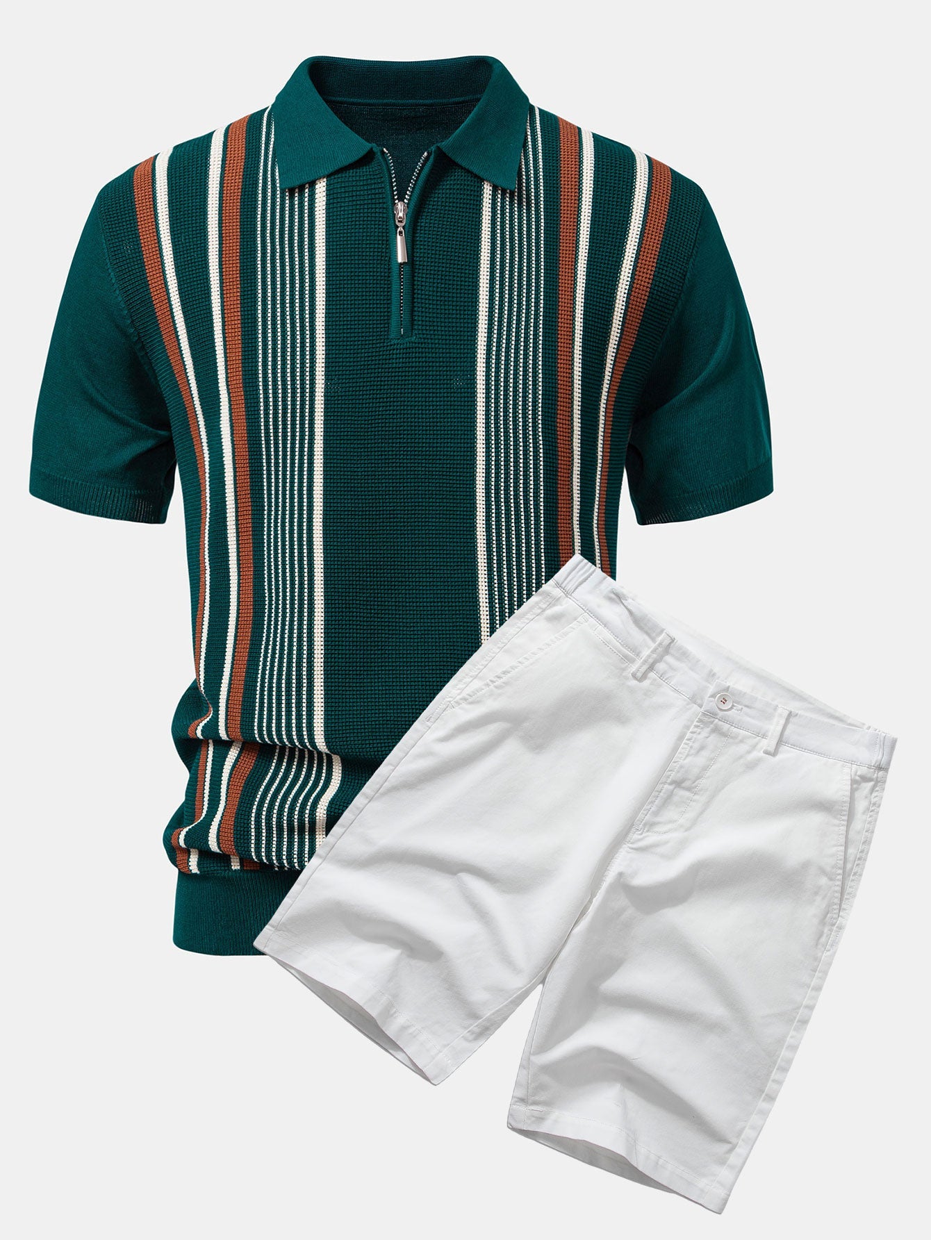 Stripe Knit Zip Up Polo Shirt & Cotton Chino Shorts Set