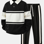 Color Block Patchwork Polo Sweatshirt & Slit Hem Stripe Pants Set