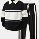Color Block Patchwork Polo Sweatshirt & Slit Hem Stripe Pants Set