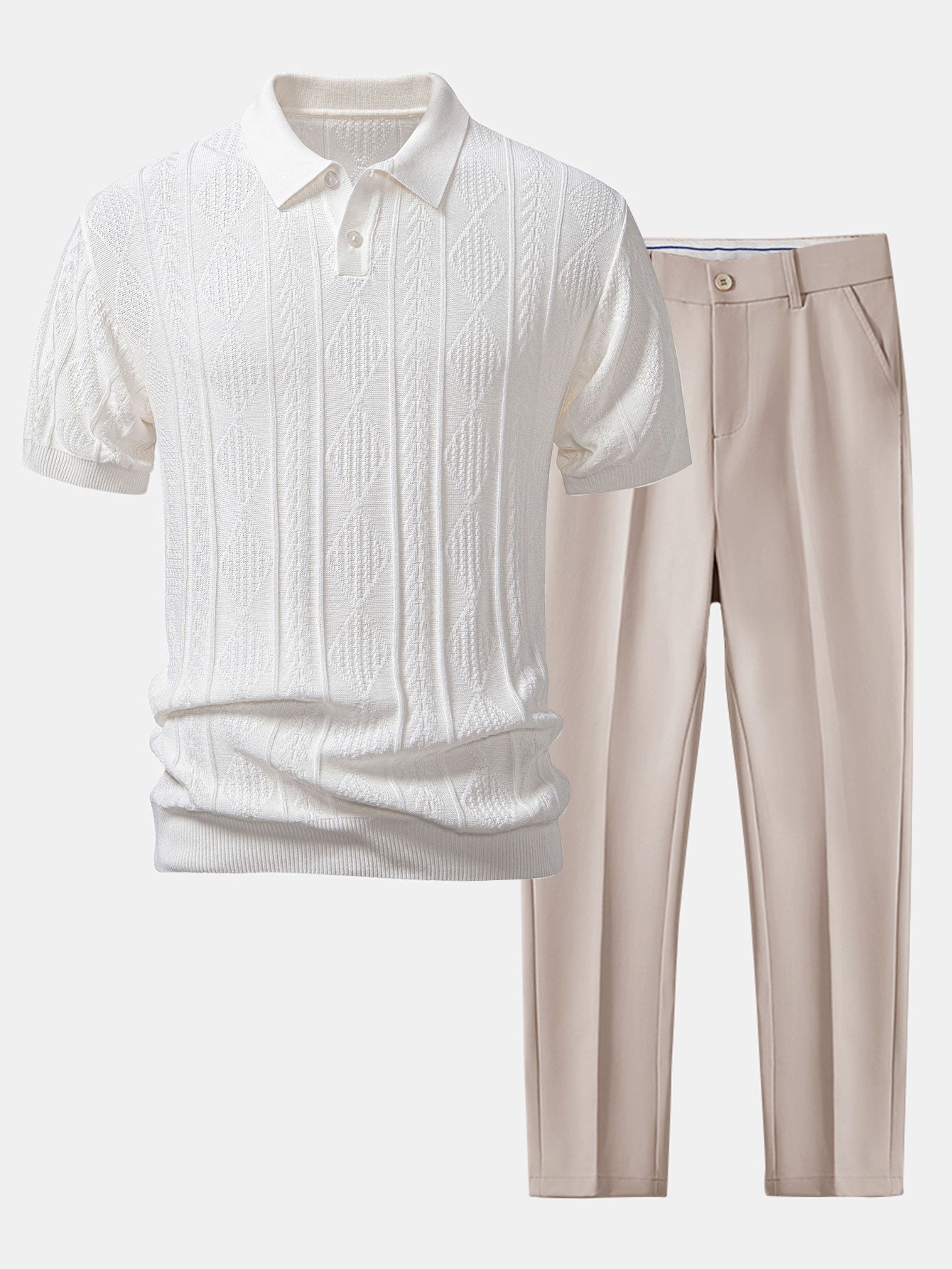 Geometric Jacquard Knitted Polo Shirt & Slim Fit Tapered Trousers Set