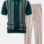 Stripe Knit Zip Up Polo Shirt & Slim Fit Tapered Trousers Set