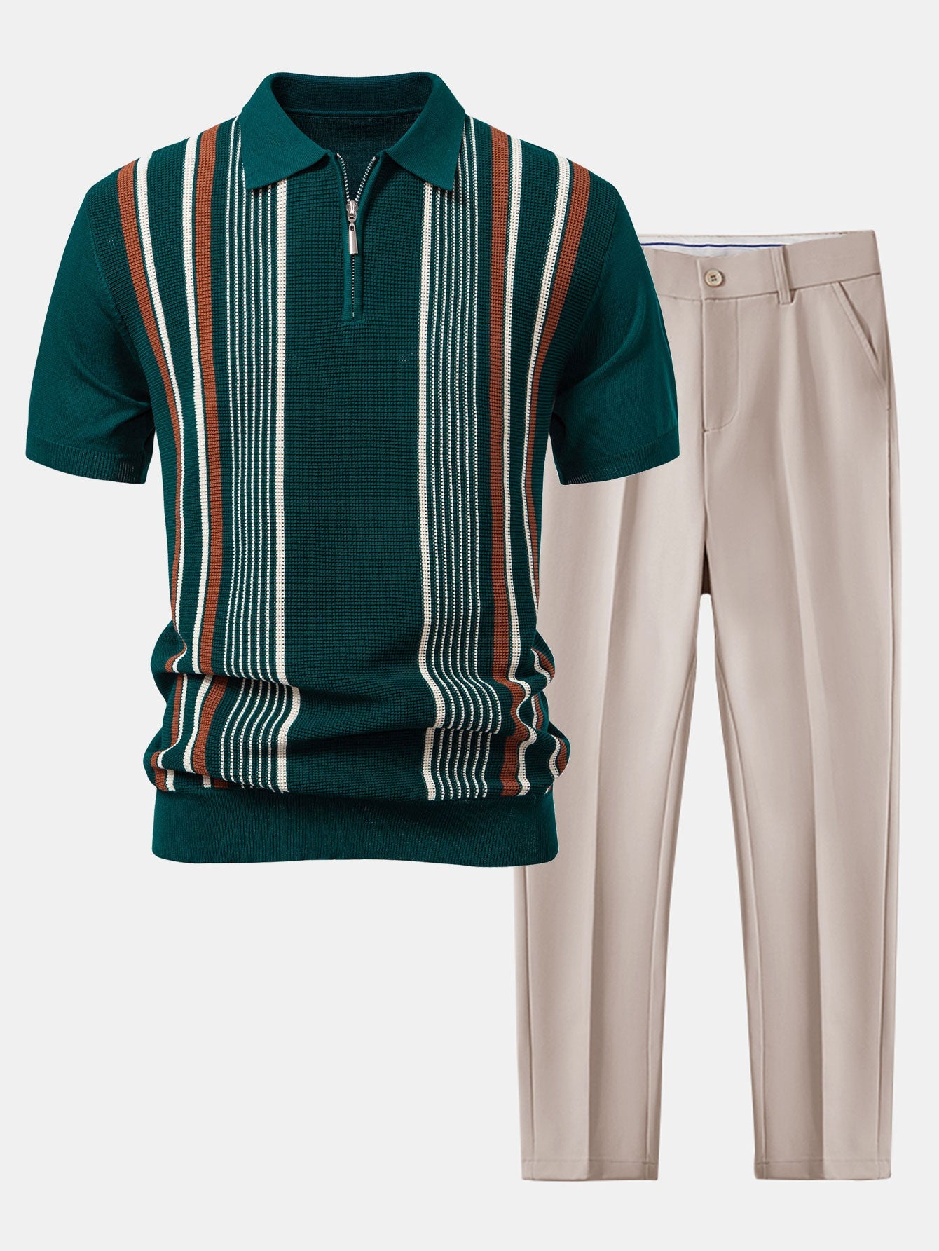 Stripe Knit Zip Up Polo Shirt & Slim Fit Tapered Trousers Set