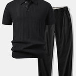 Twisted Jacquard Knit Polo & Elastic Waist Straight Leg Trousers Set