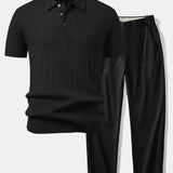 Twisted Jacquard Knit Polo & Elastic Waist Straight Leg Trousers Set