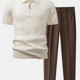 Twist Jacquard Knitted Zipper Polo Shirt & Tapered Trousers Set