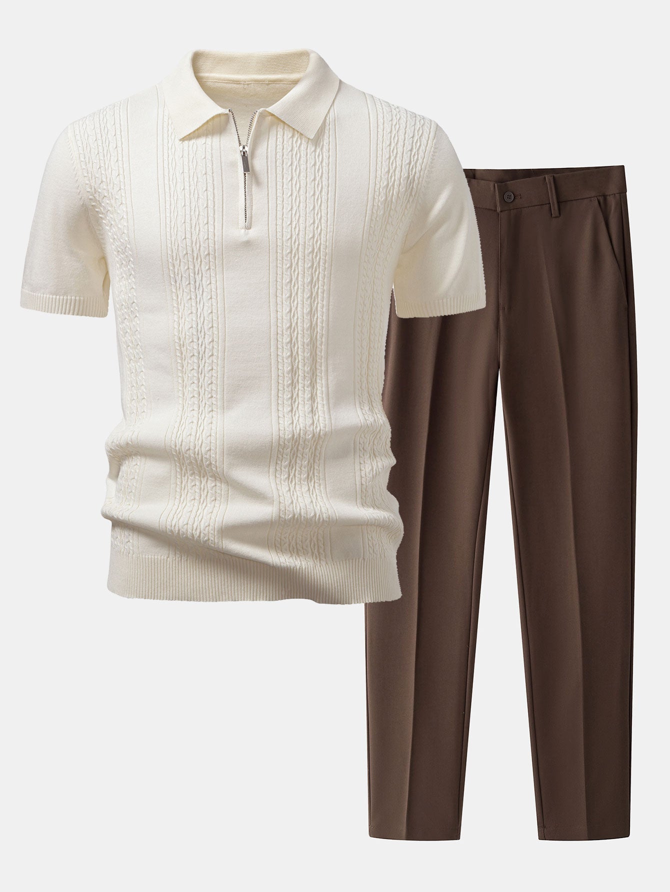 Twist Jacquard Knitted Zipper Polo Shirt & Tapered Trousers Set