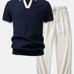 Contrast Knit Waffle Johnny Collar Polo & Drawstring Knitted Waffle Pants Set