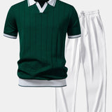 Contrast Trim Ribbed Johnny Collar Knit Polo & Ribbed Pants Set