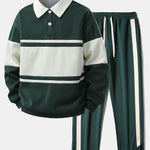 Color Block Patchwork Polo Sweatshirt & Slit Hem Stripe Pants Set