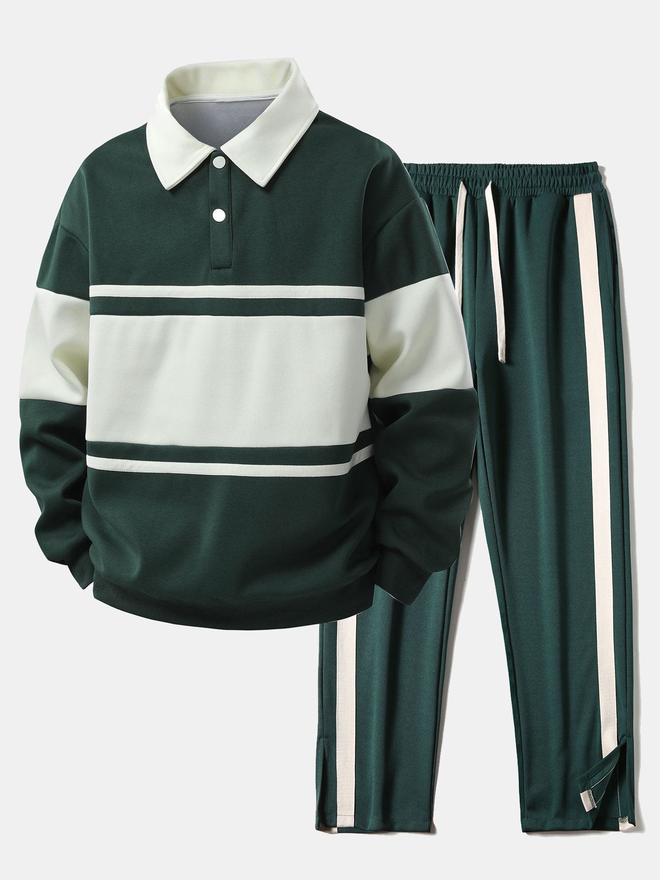 Color Block Patchwork Polo Sweatshirt & Slit Hem Stripe Pants Set