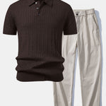 Twisted Jacquard Knit Polo & Elastic Waist Straight Leg Trousers Set