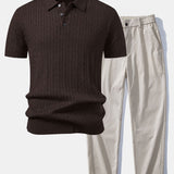 Twisted Jacquard Knit Polo & Elastic Waist Straight Leg Trousers Set