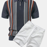 Stripe Knit Zip Up Polo Shirt & Cotton Chino Shorts Set