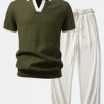 Contrast Knit Waffle Johnny Collar Polo & Drawstring Knitted Waffle Pants Set