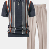 Stripe Knit Zip Up Polo Shirt & Slim Fit Tapered Trousers Set