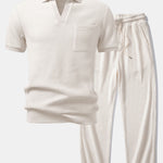 Waffle Johnny Collar Polo with Pocket & Drawstring Knitted Waffle Pants Set