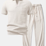 Waffle Johnny Collar Polo with Pocket & Drawstring Knitted Waffle Pants Set