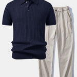 Twisted Jacquard Knit Polo & Elastic Waist Straight Leg Trousers Set