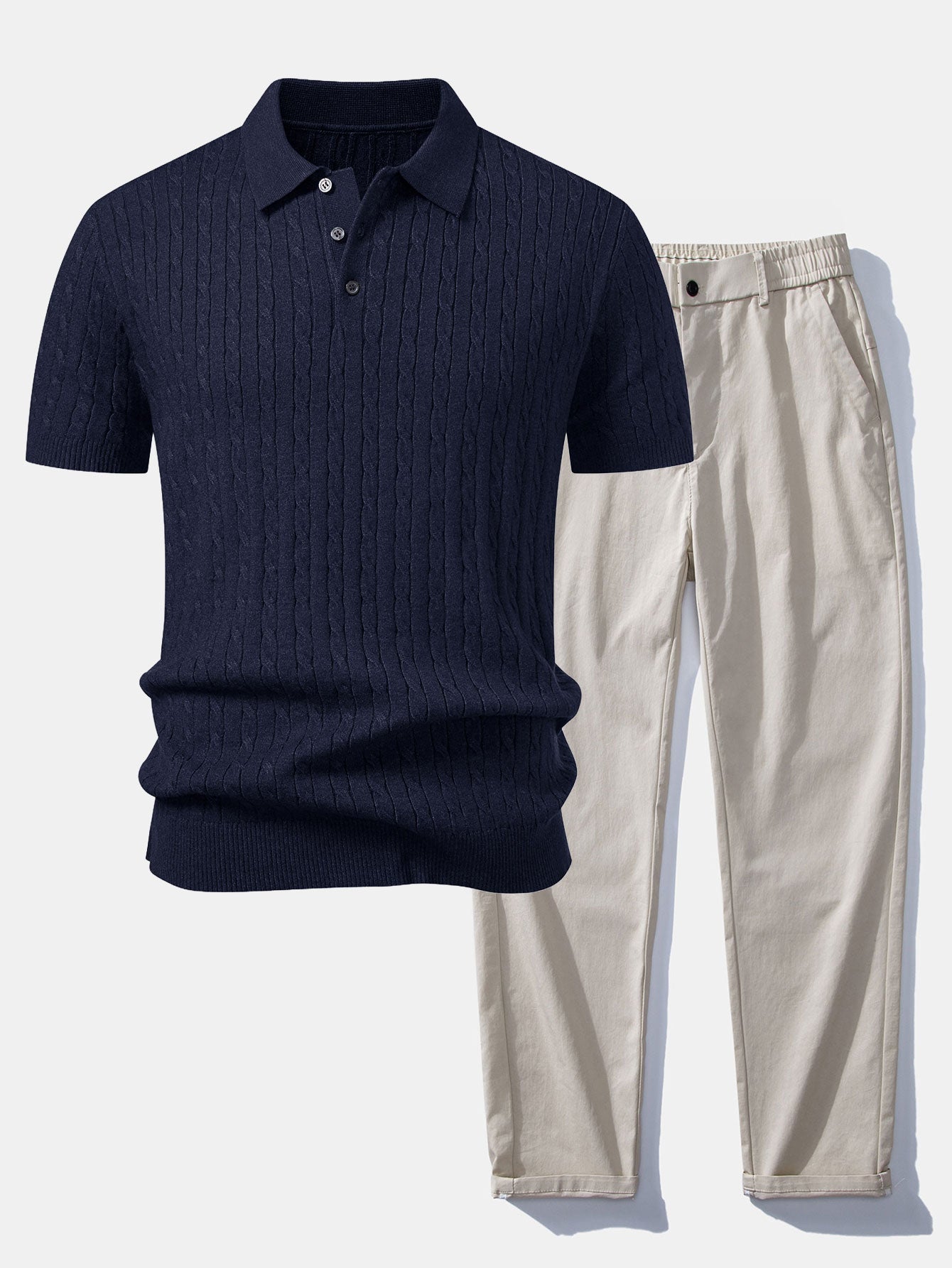 Twisted Jacquard Knit Polo & Elastic Waist Straight Leg Trousers Set