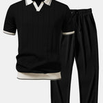 Contrast Trim Ribbed Johnny Collar Knit Polo & Ribbed Pants Set