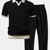Contrast Trim Ribbed Johnny Collar Knit Polo & Ribbed Pants Set