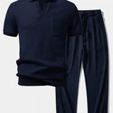 Waffle Johnny Collar Polo with Pocket & Drawstring Knitted Waffle Pants Set