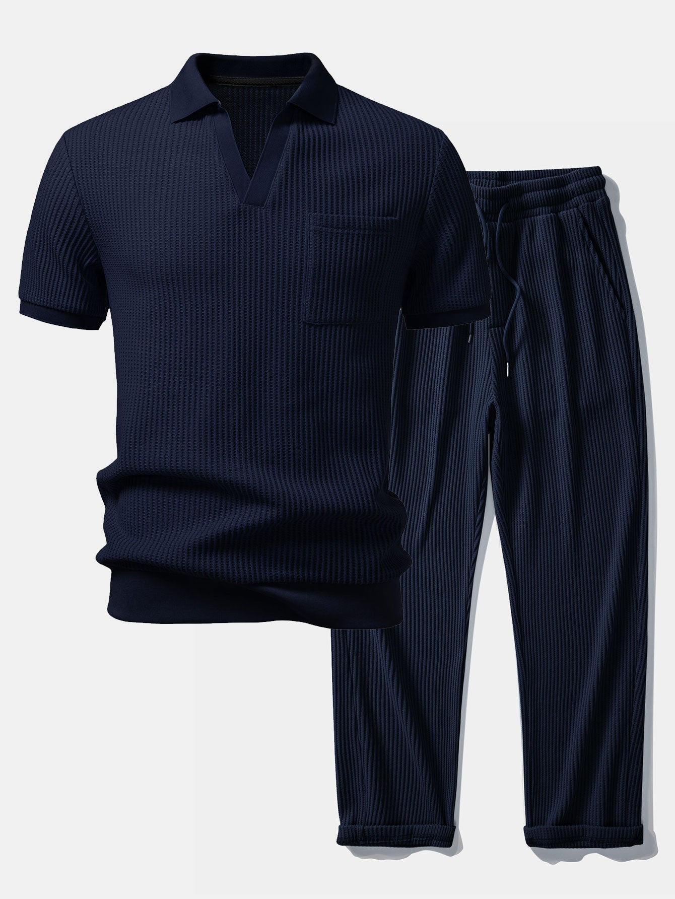 Waffle Johnny Collar Polo with Pocket & Drawstring Knitted Waffle Pants Set