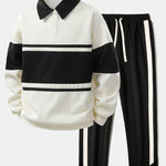 Color Block Patchwork Polo Sweatshirt & Slit Hem Stripe Pants Set