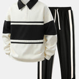 Color Block Patchwork Polo Sweatshirt & Slit Hem Stripe Pants Set