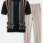 Stripe Knit Zip Up Polo Shirt & Slim Fit Tapered Trousers Set