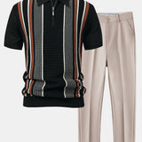 Stripe Knit Zip Up Polo Shirt & Slim Fit Tapered Trousers Set