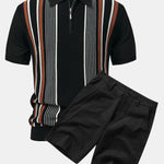 Stripe Knit Zip Up Polo Shirt & Cotton Chino Shorts Set