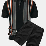 Stripe Knit Zip Up Polo Shirt & Cotton Chino Shorts Set