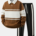 Color Block Patchwork Polo Sweatshirt & Slit Hem Stripe Pants Set
