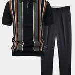 Stripe Knit Zip Up Polo Shirt & Slim Fit Tapered Trousers Set