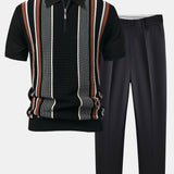 Stripe Knit Zip Up Polo Shirt & Slim Fit Tapered Trousers Set