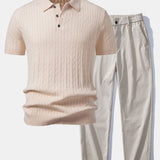 Twisted Jacquard Knit Polo & Elastic Waist Straight Leg Trousers Set