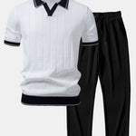 Contrast Trim Ribbed Johnny Collar Knit Polo & Ribbed Pants Set